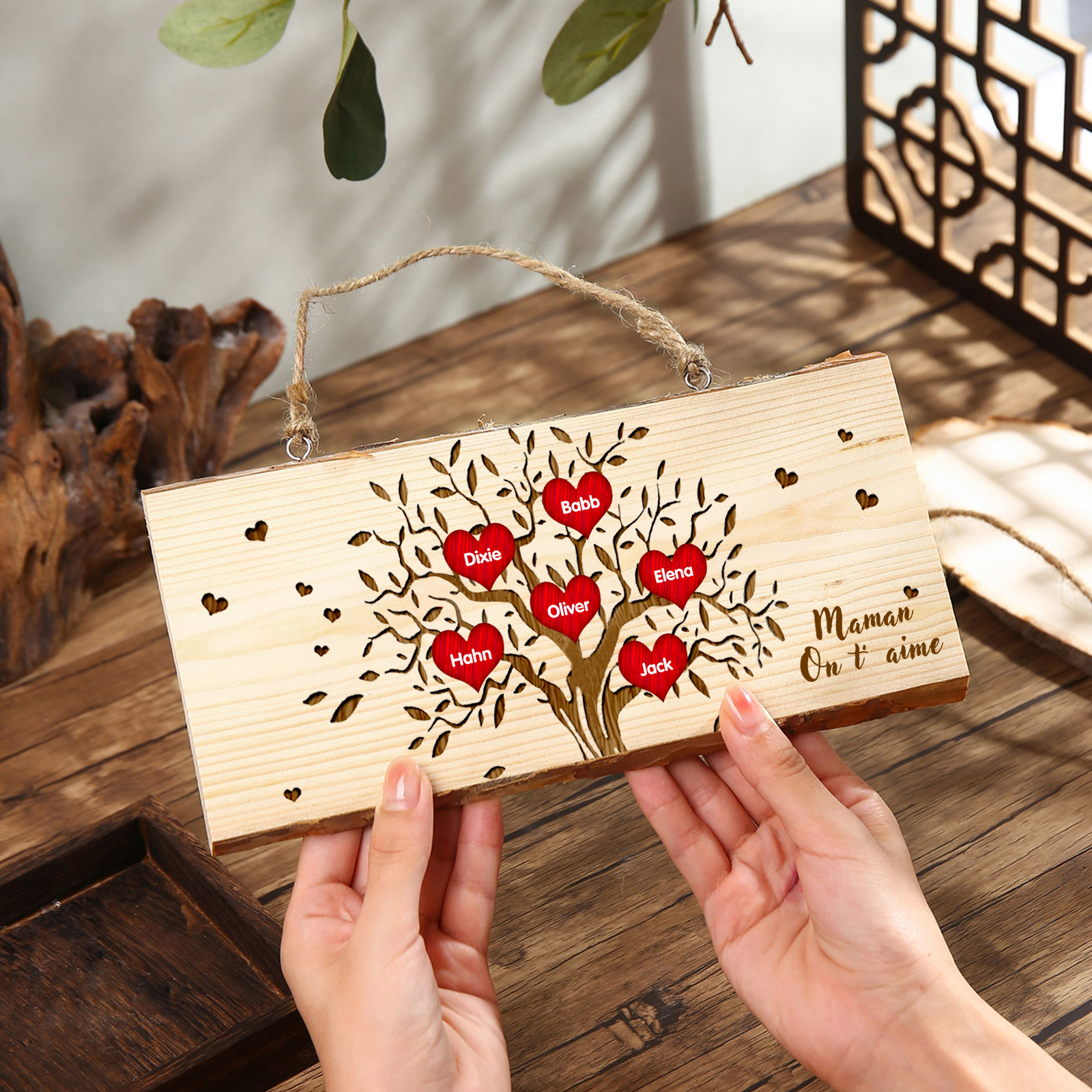Décoration en bois Arbre de Vie 2-6 Prénoms Personnalisés avec Texte pour Famille Peinture Décorative