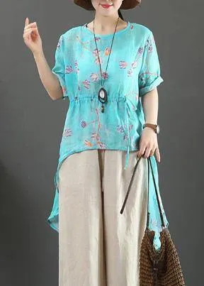 French o neck drawstring linen clothes Fabrics green print shirts