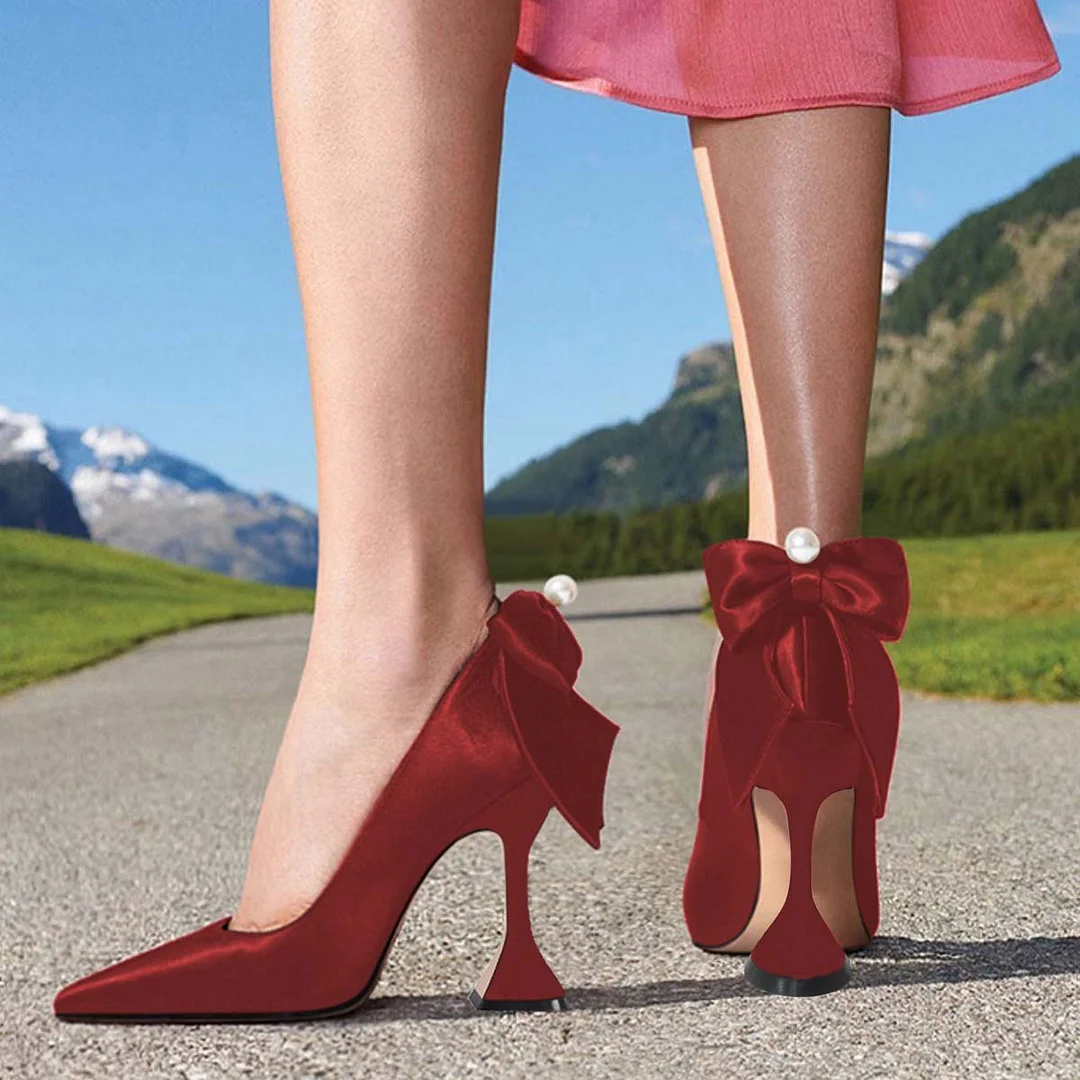 Red Satin Slip-On Pointed Toe Pumps Heels with Pearl Bow Accent