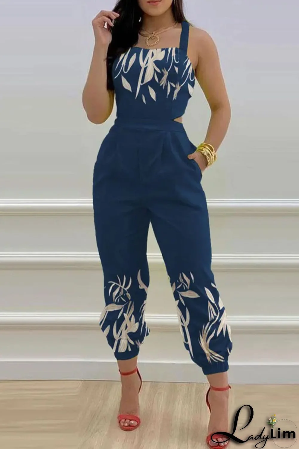 Blue Sexy Print Split Joint Backless Regular Jumpsuits