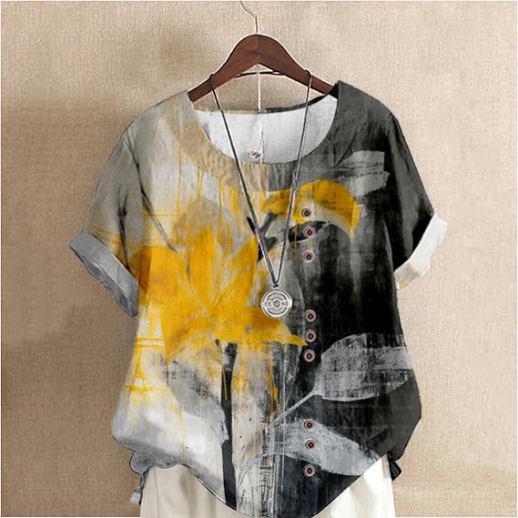 Women's Oil Painting Brushstroke Texture Pattern Cotton And Linen Short Sleeve Top