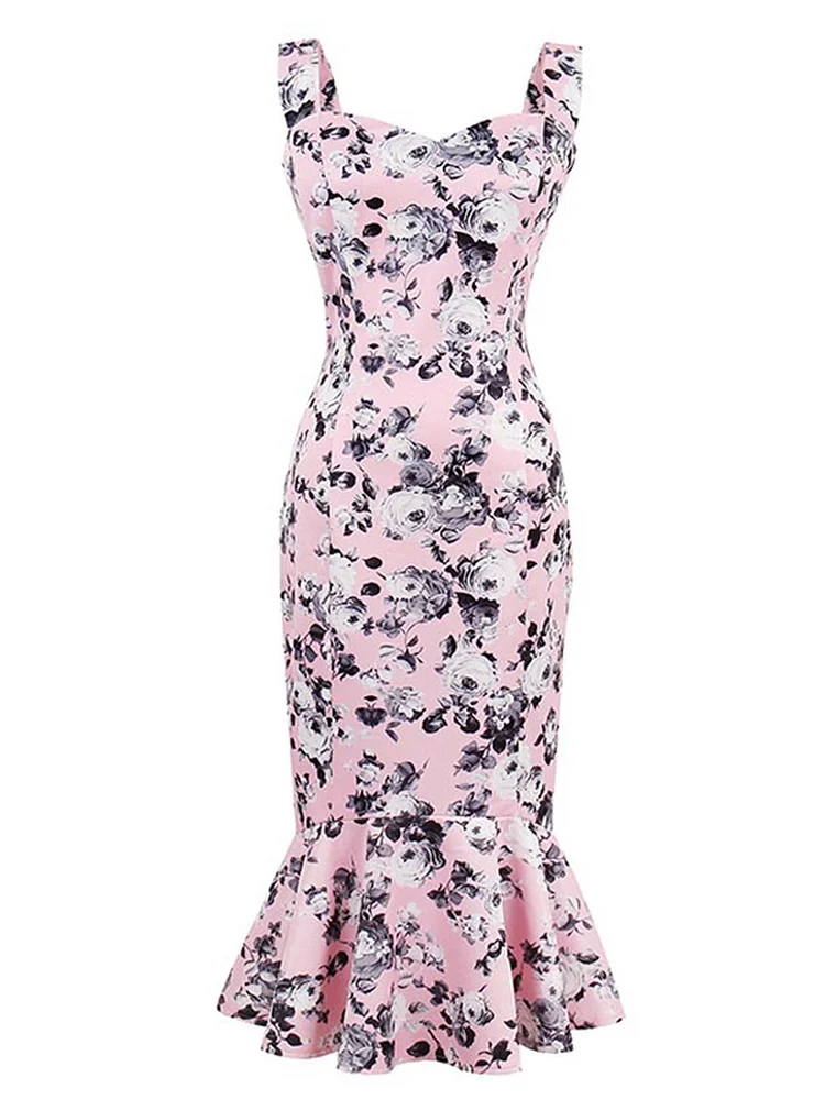 Mayoulove Sleeveless Bodycon Dress Pink Mermaid Floral Dress-Mayoulove