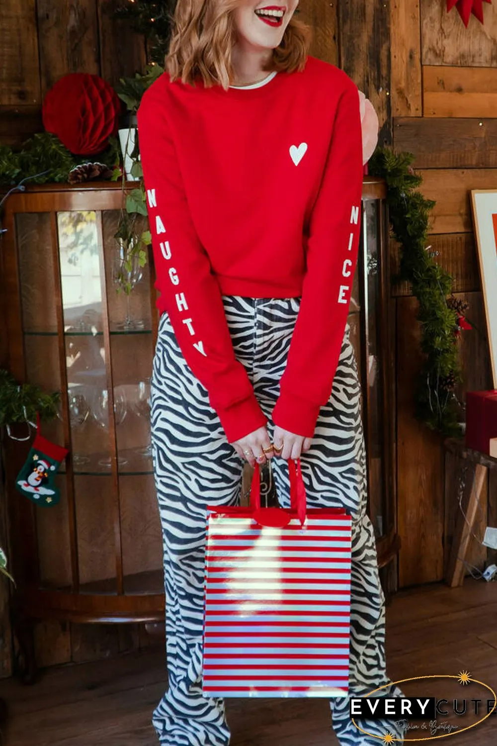 Red Letters Print Long Sleeve Pullover Sweatshirt