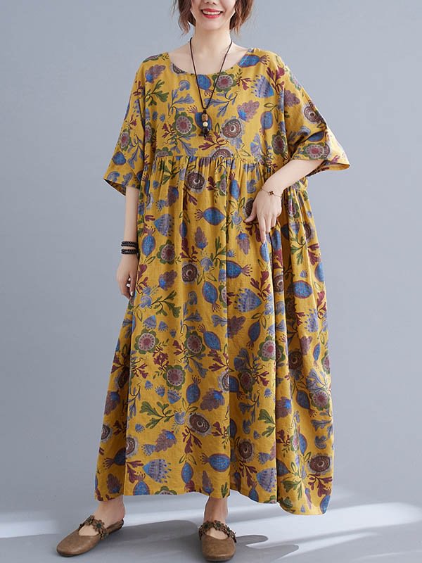 Original Floral Print Round-Neck Batwing Sleeves Maxi Dress