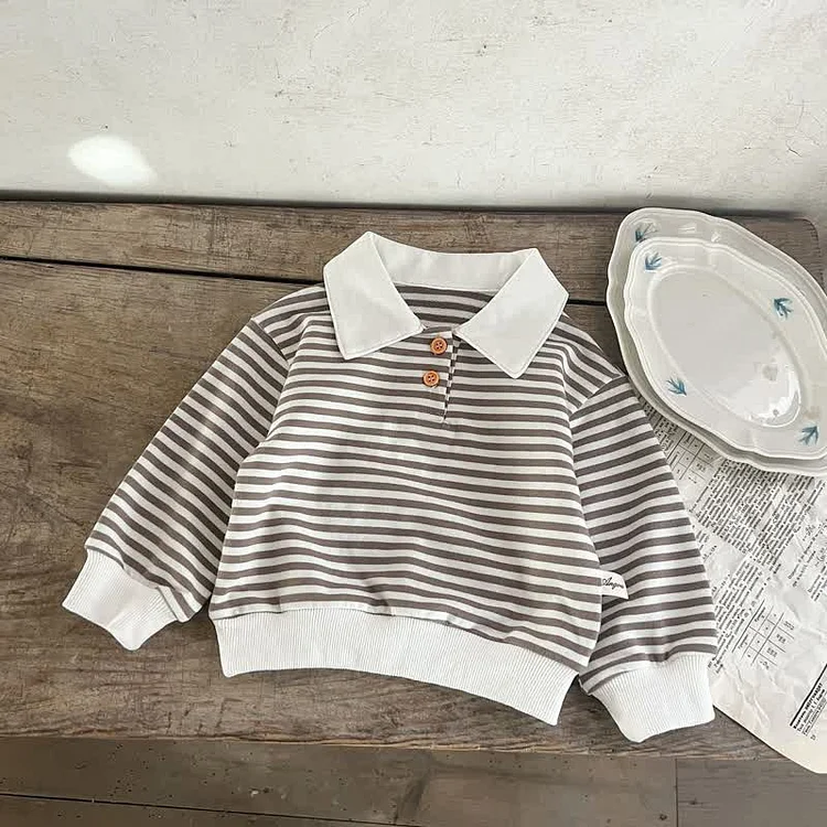 Baby Striped Polo Collar Loose Sweatshirt