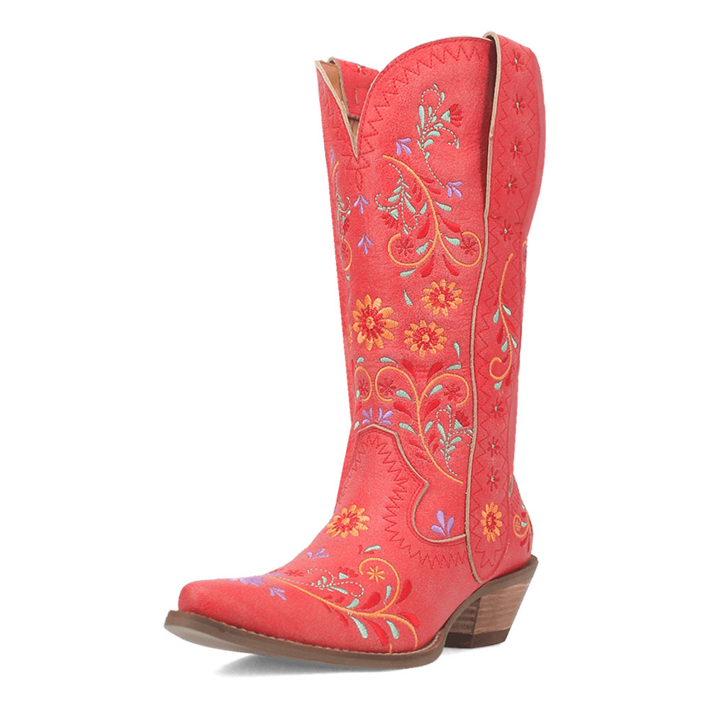Red Snip Toe Chunky Heel Colorful Floral Embroidered Cowgirl Boots