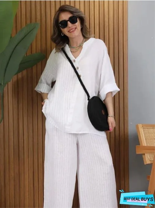 2pcs Plus Size V-Neck Button Up Long Sleeve Top And Striped Loose Pants Set