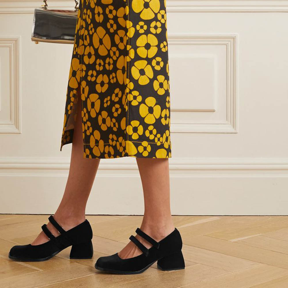 Black Faux Suede Square Toe Chunky Heel Mary Jane Pumps Nicepairs