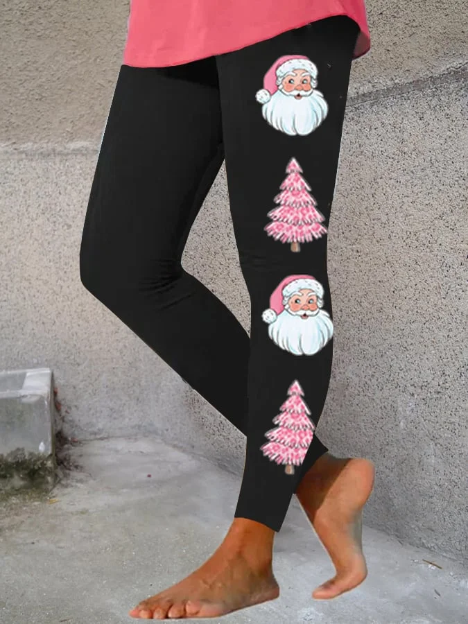 Women's Pink Santa Claus   Christmas TreePrint Stretch Leggings
