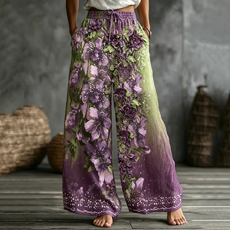 Women's Retro Floral Print Cotton Linen Casual Trousers