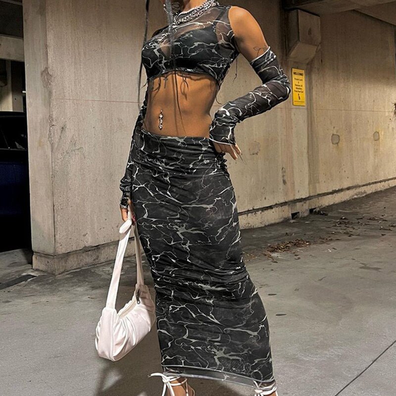 IAMSURE Sexy Printed Mesh Dress Set Women 2022 Beach Style See Through 2 Piece Sets Sleeveless Crop Top With Gloves Maxi Skirts