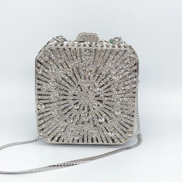 Formal Silver Metal Chain Diamonds Square Evening Bags
