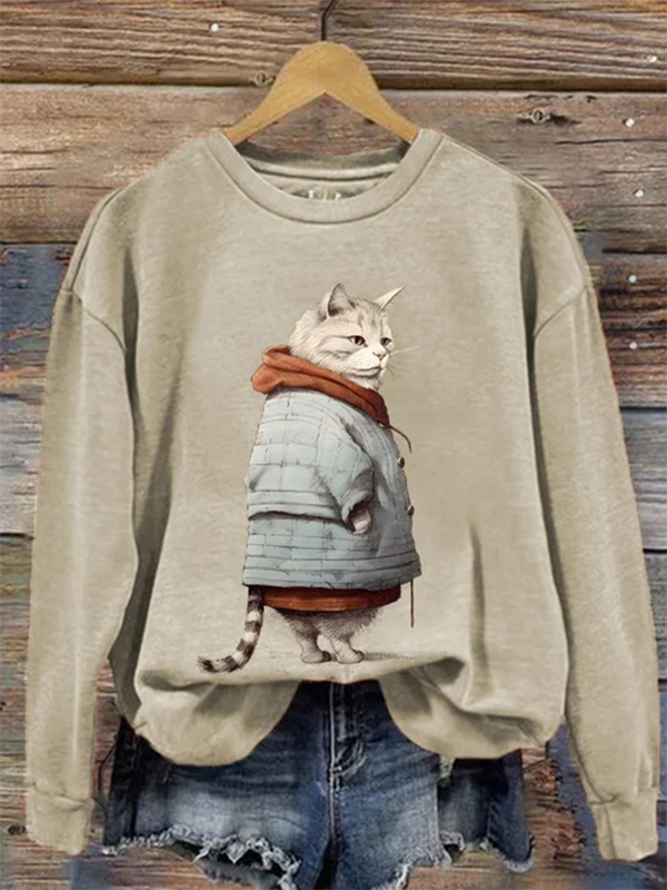 Women's Casual Standing Cat In Clothes Graphic Print Sweatshirt