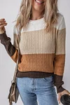 Women's Khaki Colorblock Round Neck Cable Knit Sweater