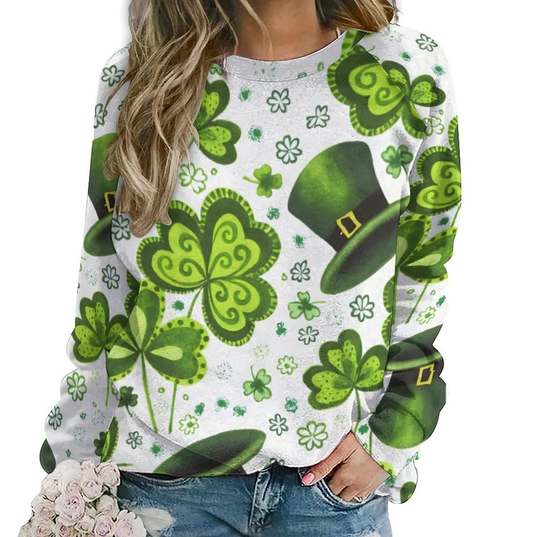 Printed Long Sleeve Casual Sweatshirt for  Women and Men Unisex Pattern St. Patrick's Day, Green, Clover, Lucky