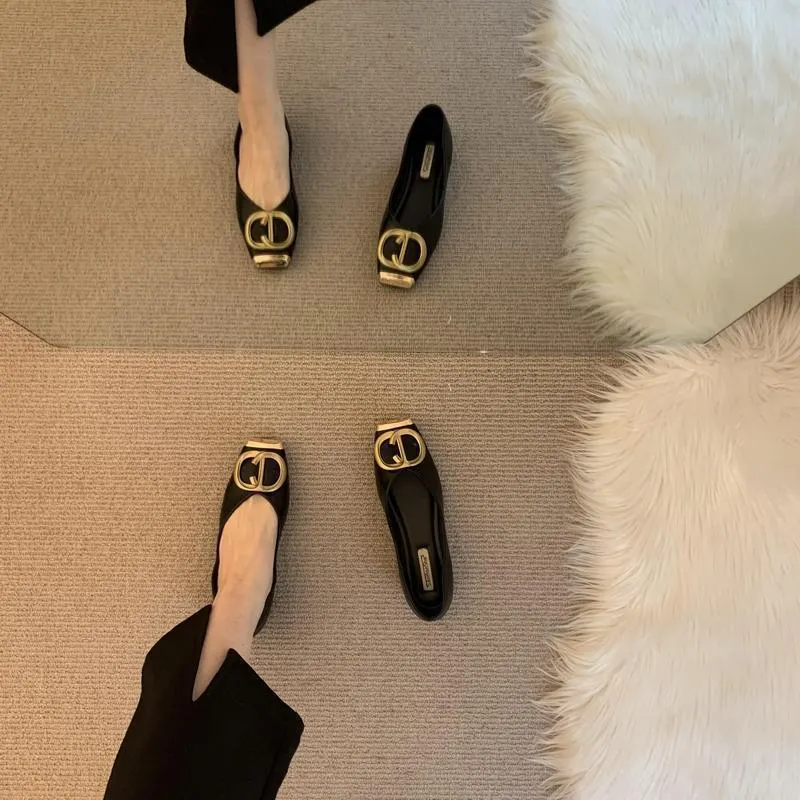Churchf Churchf Women 2025 Spring New Design Sense Of Niche Soft Leather Light-Mouthed Metal Buckle Shoes Flat-Soled Grandmother Shoes