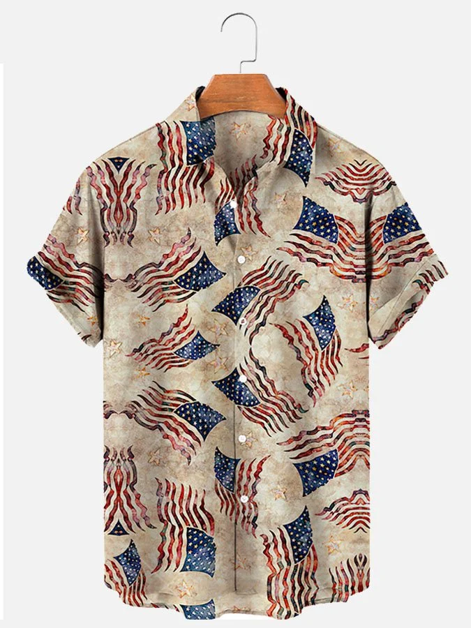 Men's Independence Day Flag Print Short Sleeve Hawaiian Shirt