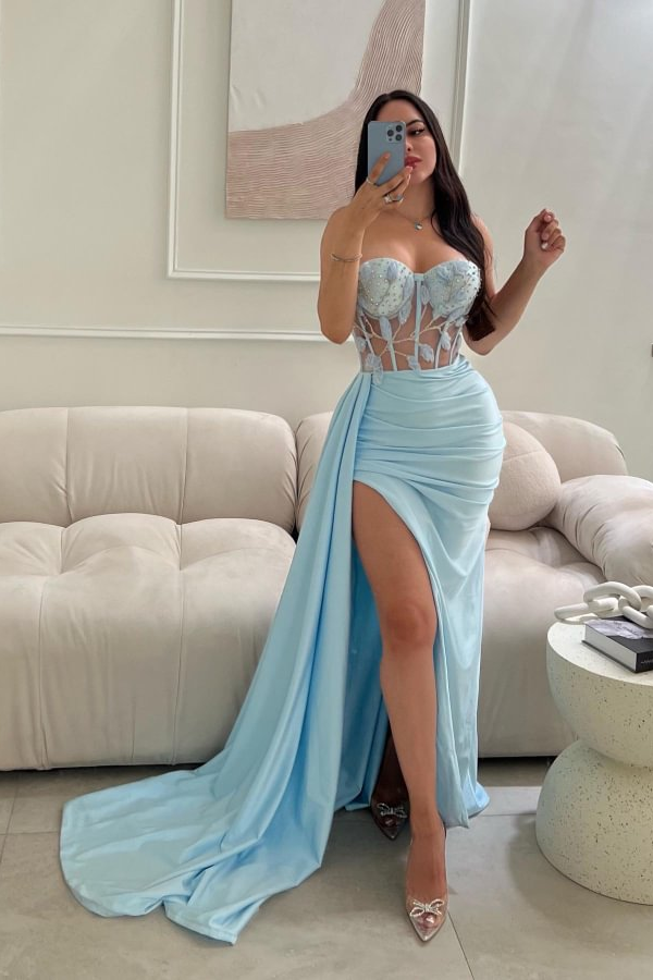 Daisda Elegant Baby Blue Strapless Sleeveless Split Applique Evening Dress Ball Gown