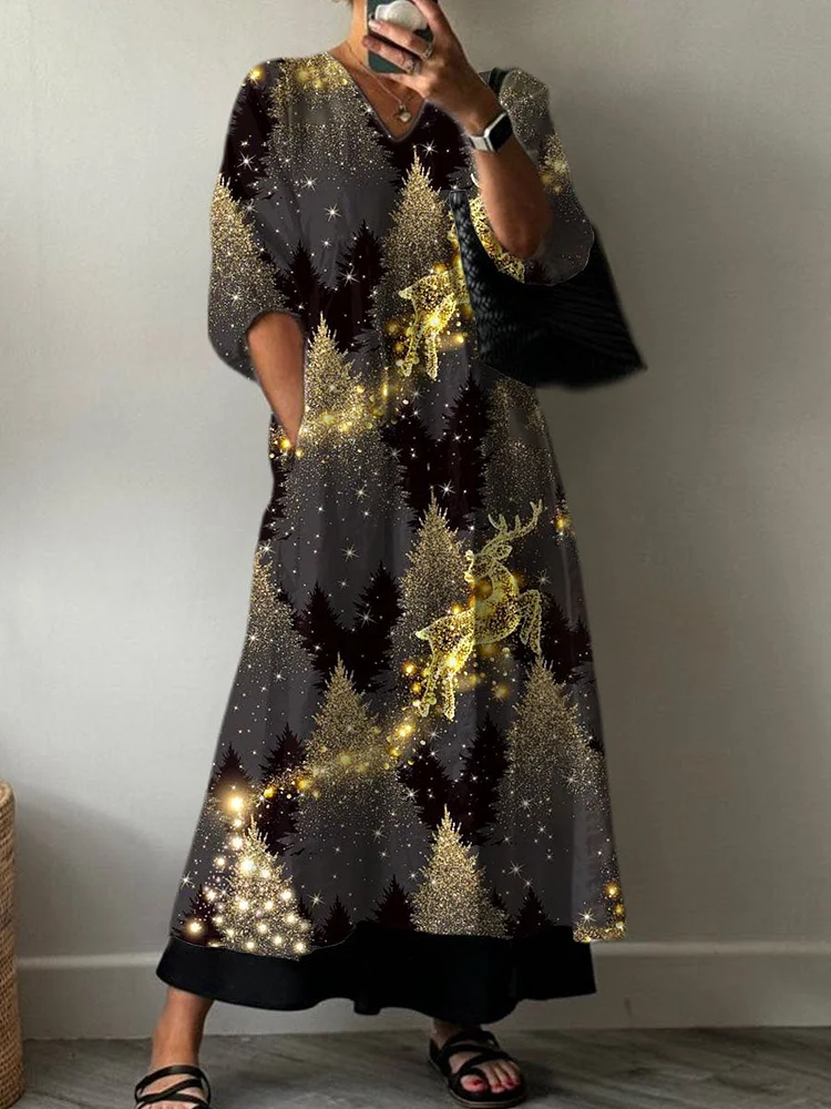 Women's   Glitter Gradient  Christmas Tree Print Pocket V-neck Cotton Dress