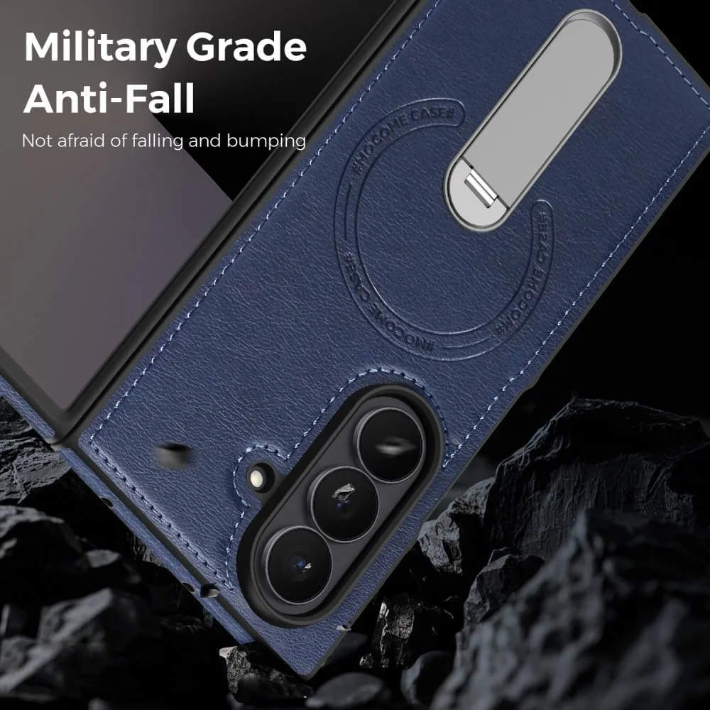 360 Rotae Kickstand Leather Case for Samsung Galaxy Z Fold 7 6 5 4 3 5G Magnetic Heavy Duty Cover, Military Shockproof Cases 