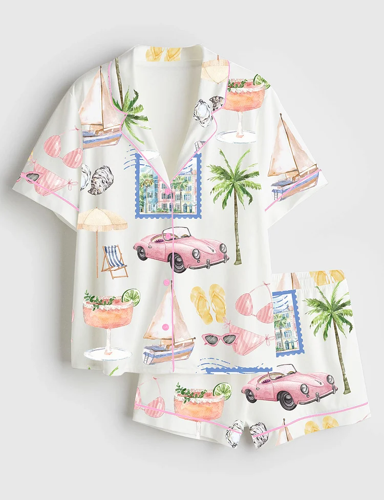 Women&rsquo;s Charleston Bachelorette South Carolina Girls Trip Travel Short Sleeve Satin Pajama Set