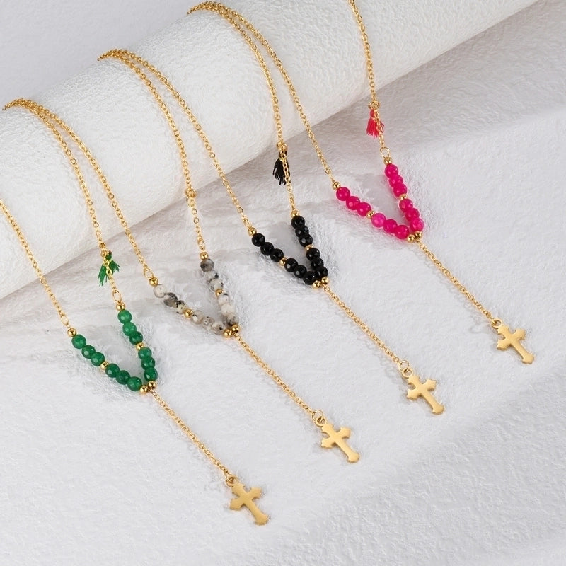 Elegant Retro Minimalist Cross 304 Stainless Steel 18K Gold Plated Tassel Pendant Necklace