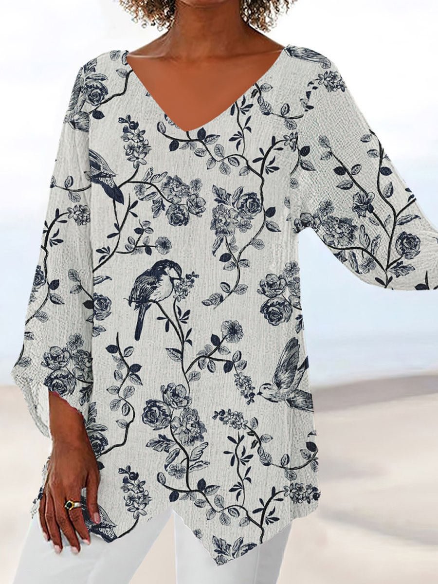 V-Neck Cropped Sleeve Loose T-Shirt