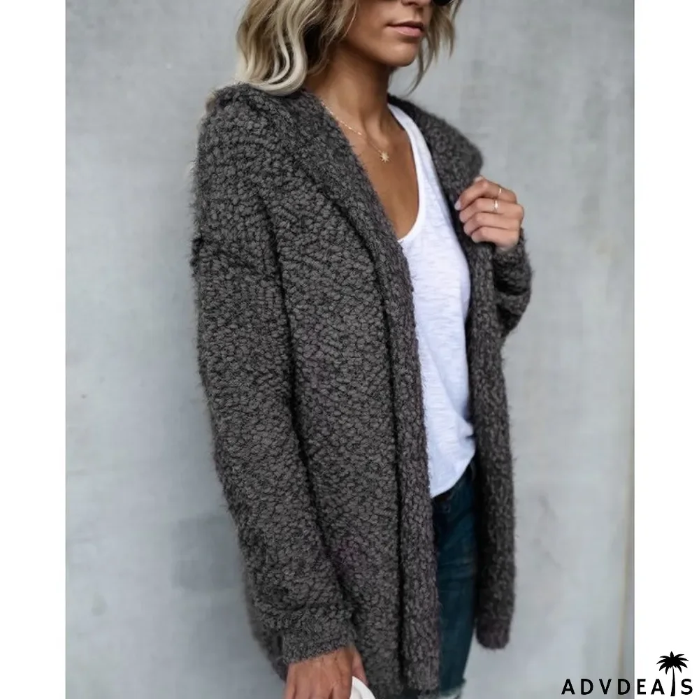 Autumn and winter women's fleece hooded cardigan top coat