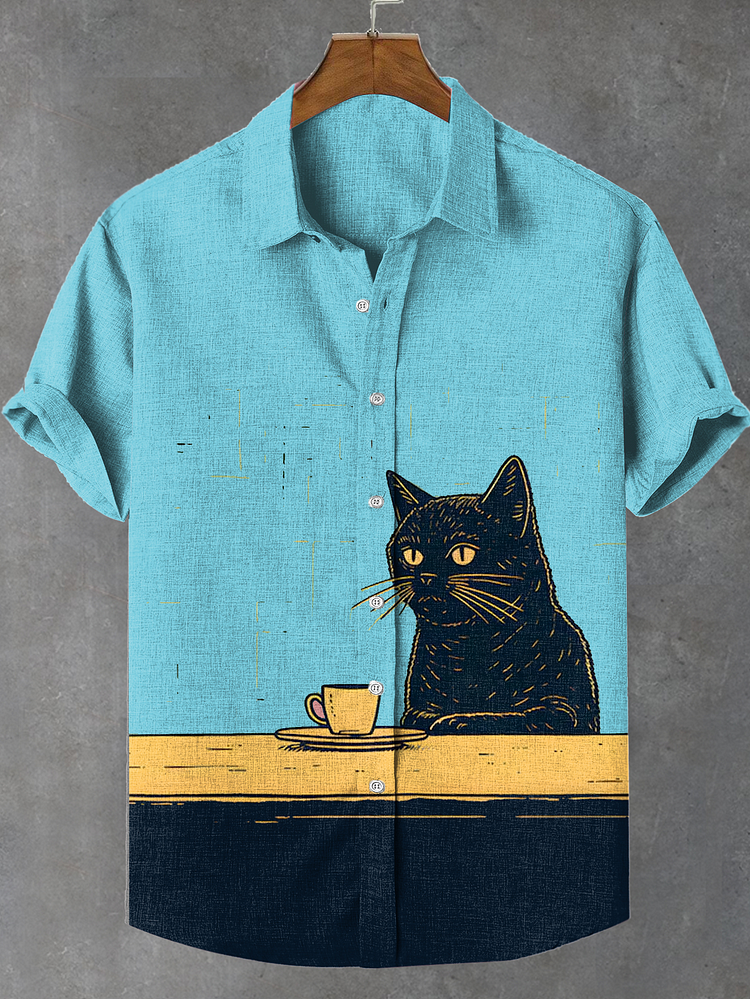 Men's Funny Black Cat Chilling Coffee Art Print Shirt