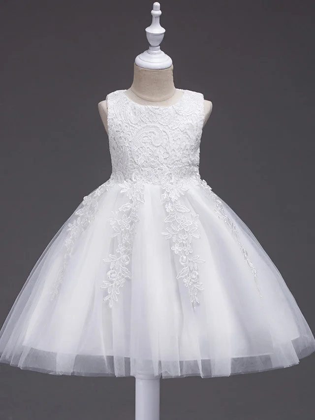 Daisda Sleeveless Jewel Neck Flower Girl Dresses Lace Tulle With Lace Bow Appliques