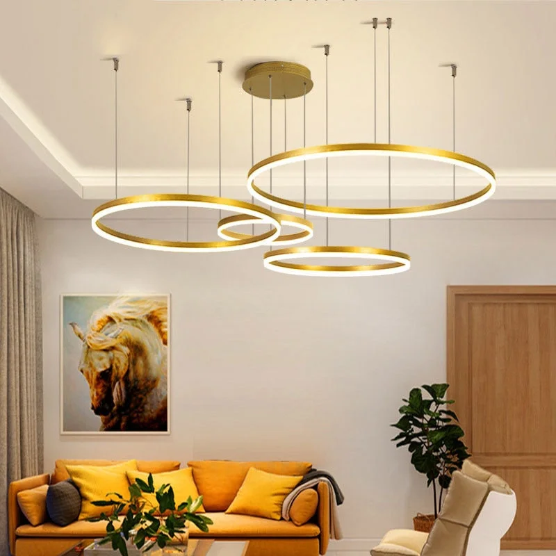 Minimalist Modern Led Chandelier Home Lighting Brushed Rings Ceiling Mounted Chandelier Lighting Hanging Lamp Gold Coffee Color