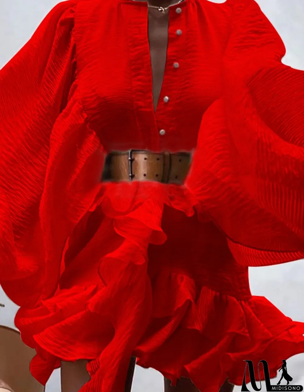 MidiSono - Autumn Formal Red Puff Sleeves Ruffles Short Dress with Belt