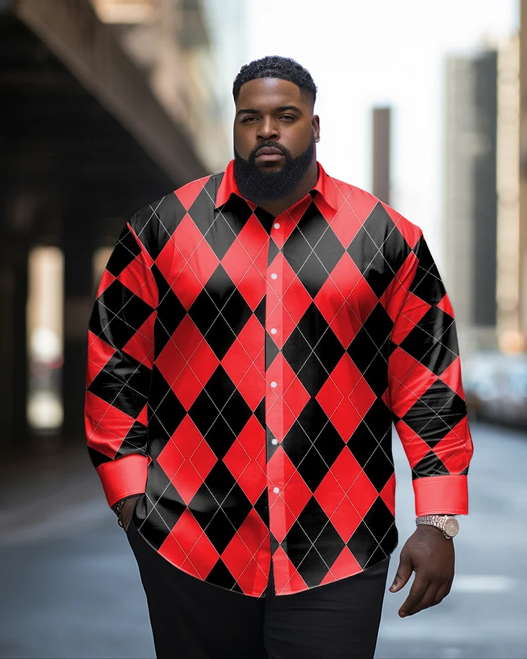 Men's Casual Plus Size Red Diamond Check Long Sleeve Lapel Shirt