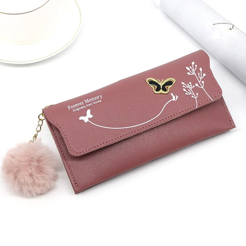 Small Handbags for Women Fashion 2022 Trend New Wallets Pure Color Wool Ball Bow Clutch Bag Women's Long Bag Card Bag Coin Purse