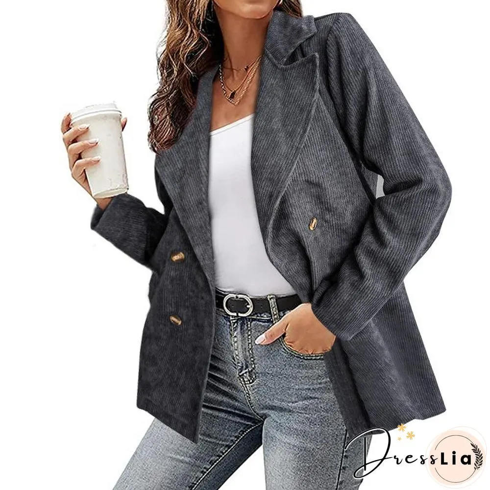 Women Notched Lapel Corduroy Coat