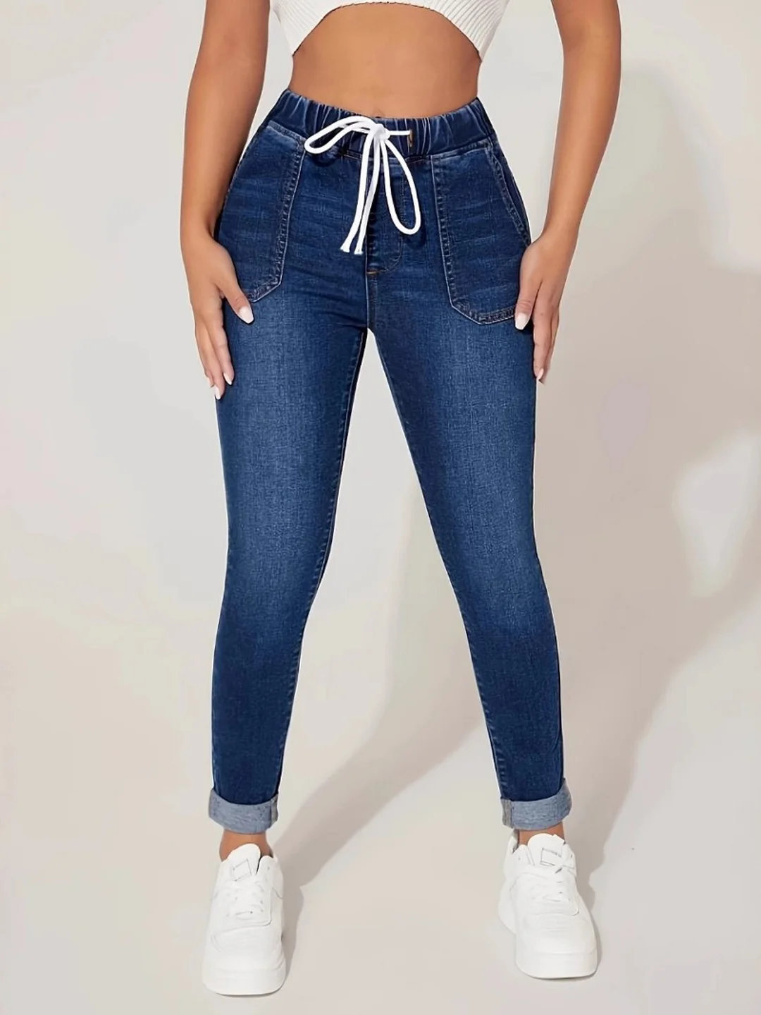 Women's Drawstring, Elastic, High-Waisted, Skinny Jeans, Nine-Inch Jean | IFYHOME