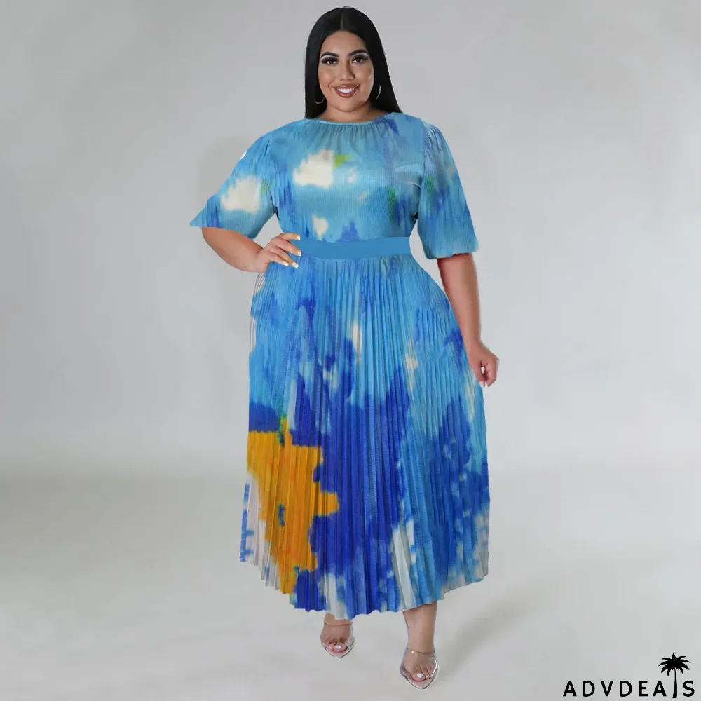 Plus Size Women's Digital Positioning Print Pleated Round Neck Long Casual Dress