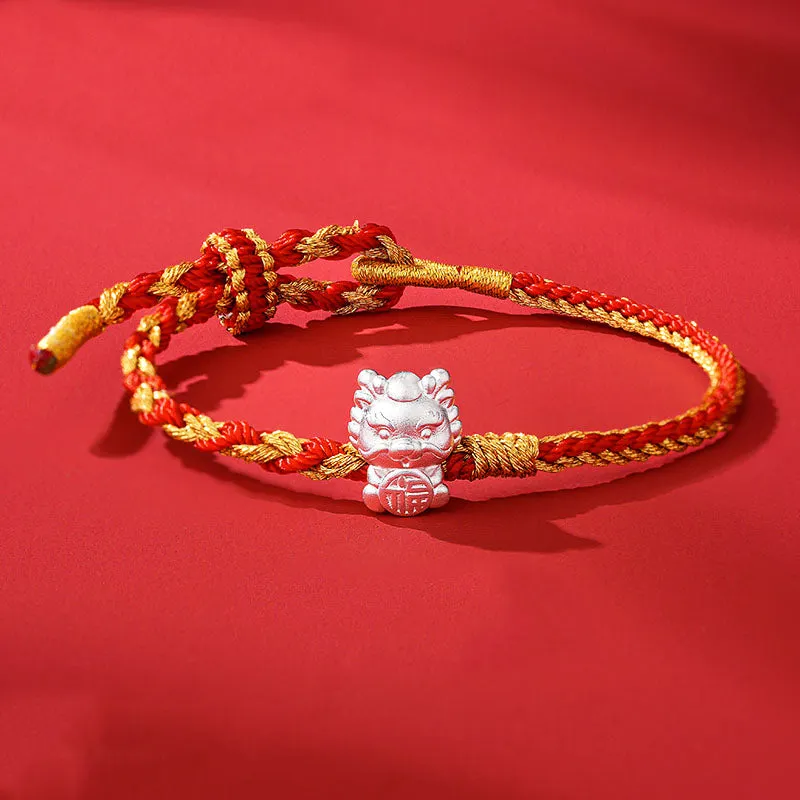 999 Sterling Silver Year of the Dragon Fu Character Attract Fortune Luck Handcrafted Braided Bracelet