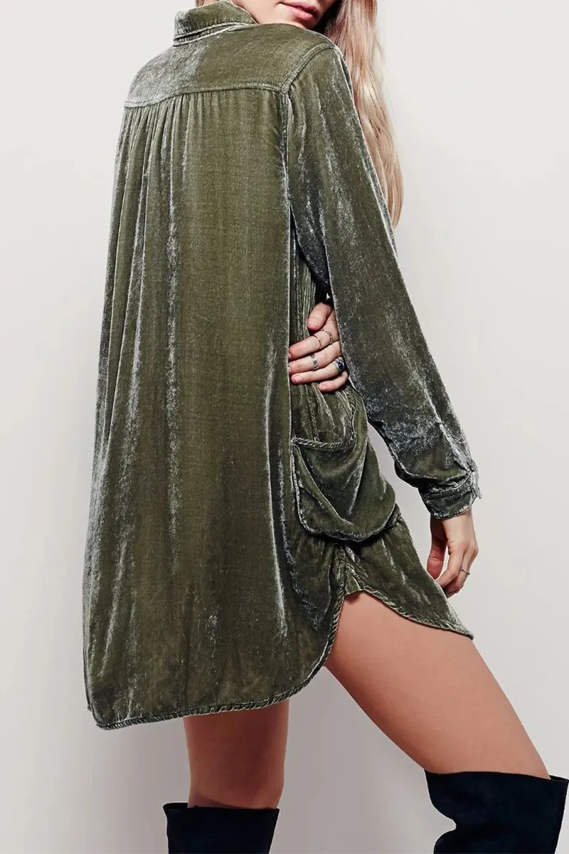 Fashion Casual Solid Split Joint Pocket Turndown Collar Shirt Dress Dresses(3 Colors)