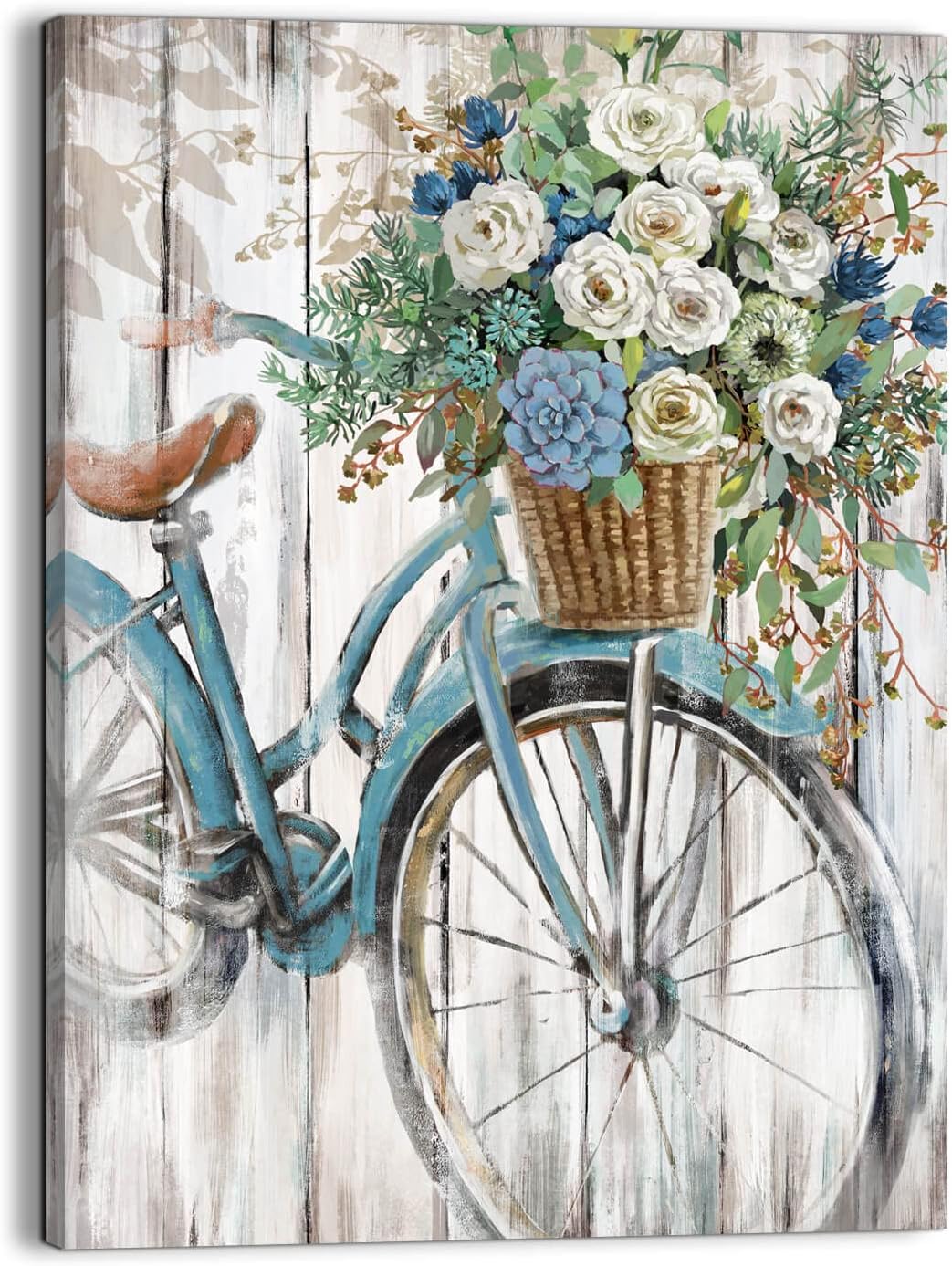 LAIART Farmhouse bathroom wall decor canvas art blue Retro bike picture print flower artwork for bedroom dining living room(12 inch x16 inch ) 12&#034;x16&#034;