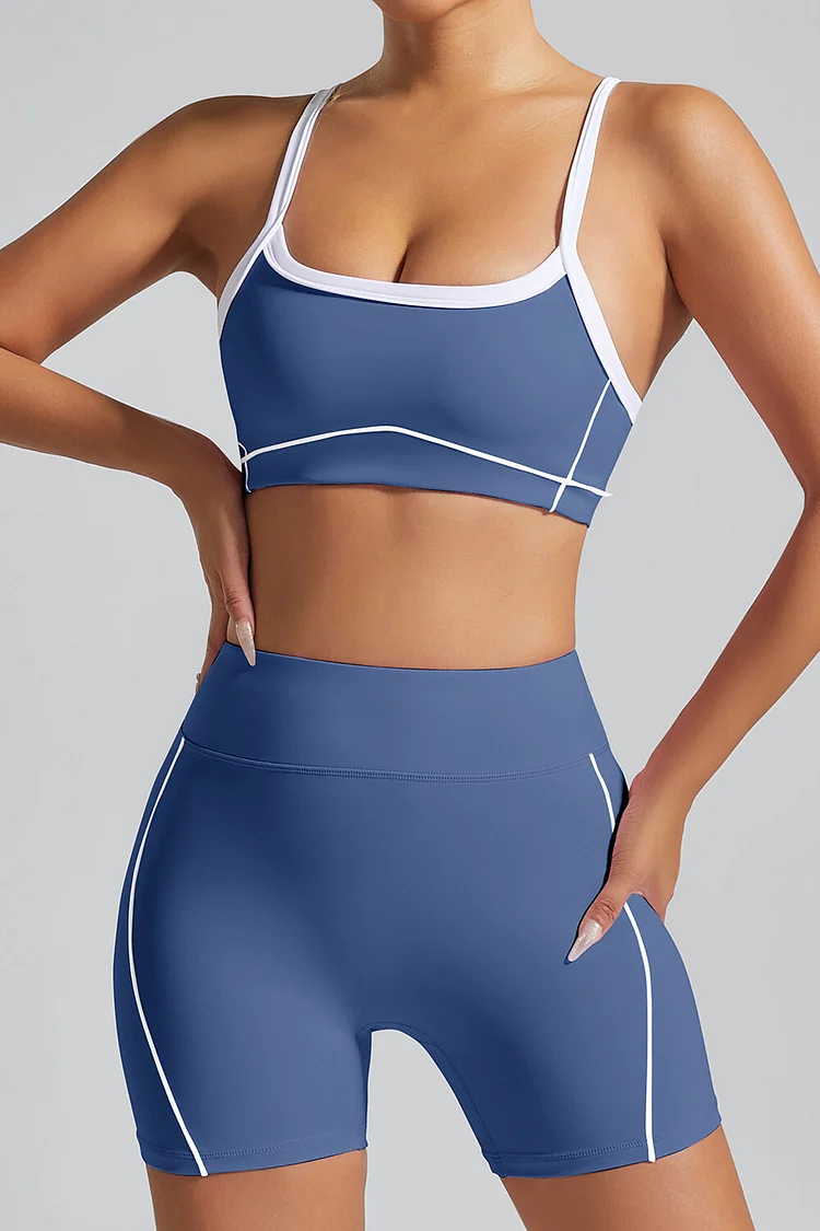Contrast Piping Crop Cami High-Waisted Shorts Sporty 2pcs Set-Blue