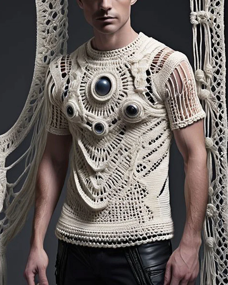 Men’s Vintage Crochet Short Sleeve Top
