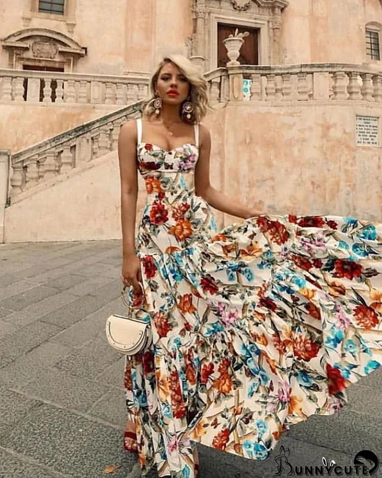 Women's Swing Dress Maxi Long Dress Sleeveless Floral Print Fall Elegant Casual Rainbow Dress