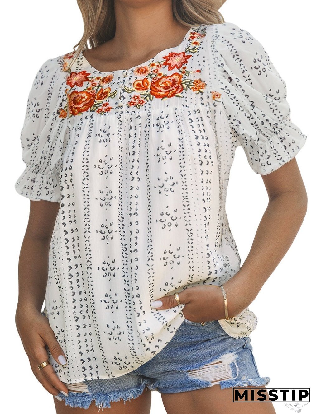 White Floral Embroidered Lightweight Summer Blouse
