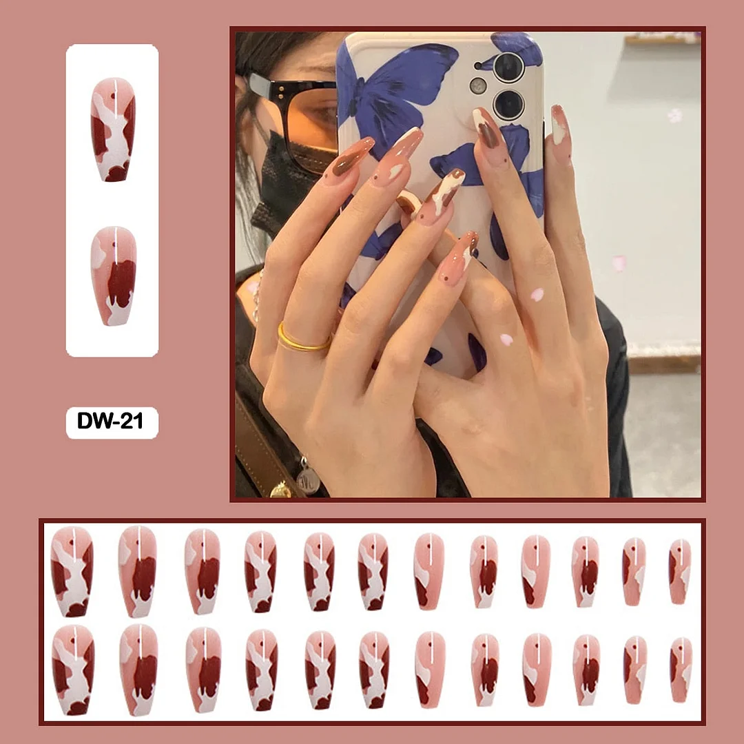 24Pcs Personality Painted Animal Pattern Cow Pattern Leopard Printed Wearable False Nails Fake Nails With Glue And Wearing Tools-Nail Inspo