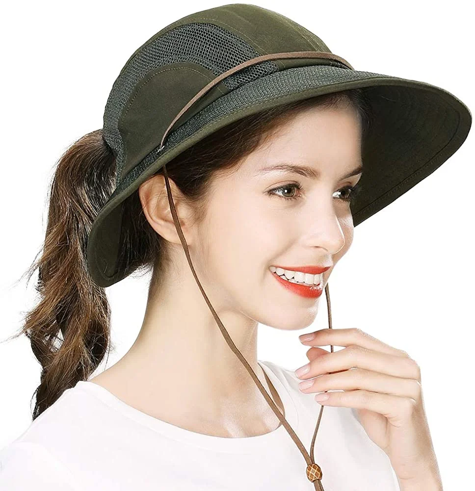 Womens Wide Brim Packable Summer Sun Bucket Hat with Transparent Protective Face Shield Beach Safari Hiking Bow