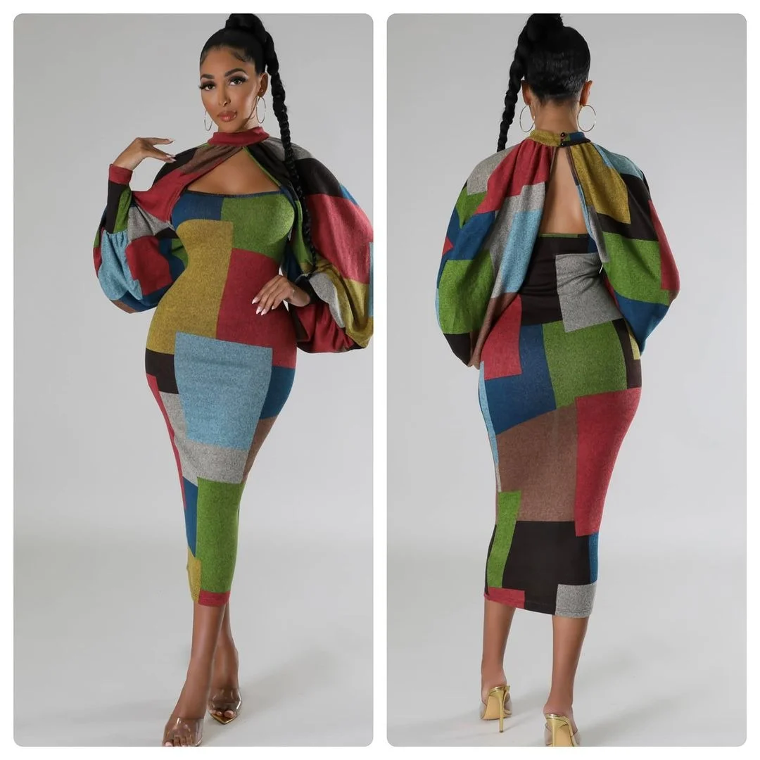 Uveng Uveng New Fashion Splicing Color Print Long-Sleeved Large-Size Dress