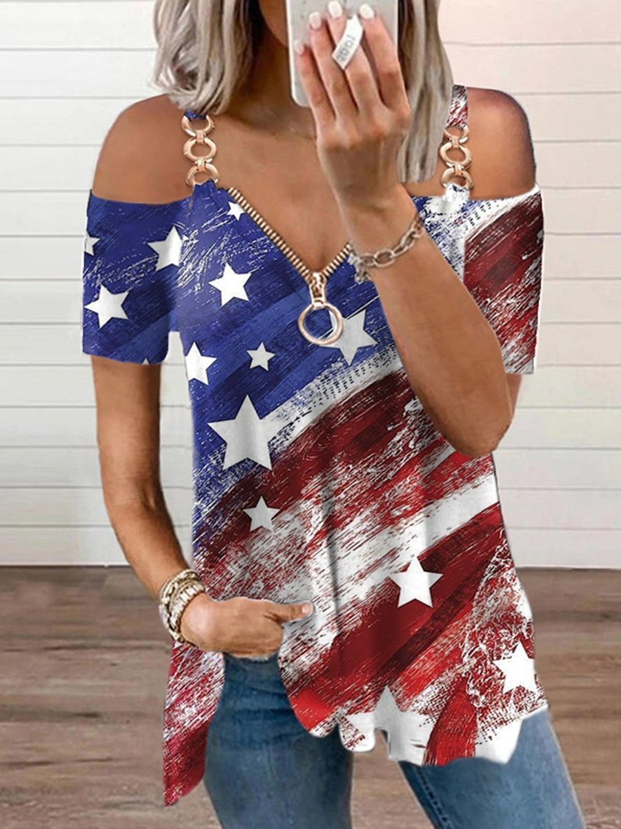 off the shoulder american flag shirt