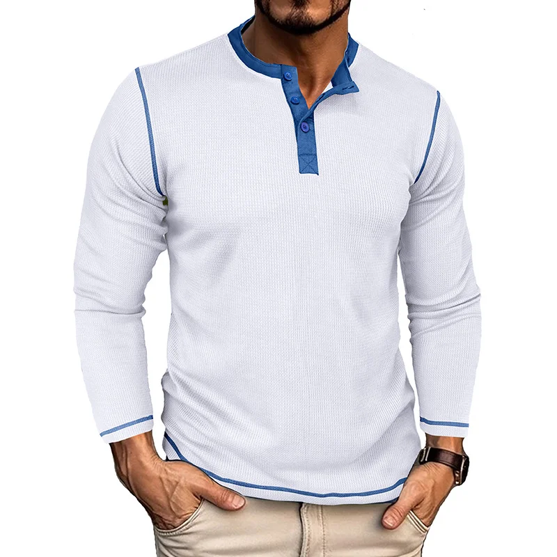 Men's Long Sleeve Henley Shirt Vintage T-Shirt Waffle Color-Blocked Henleys
