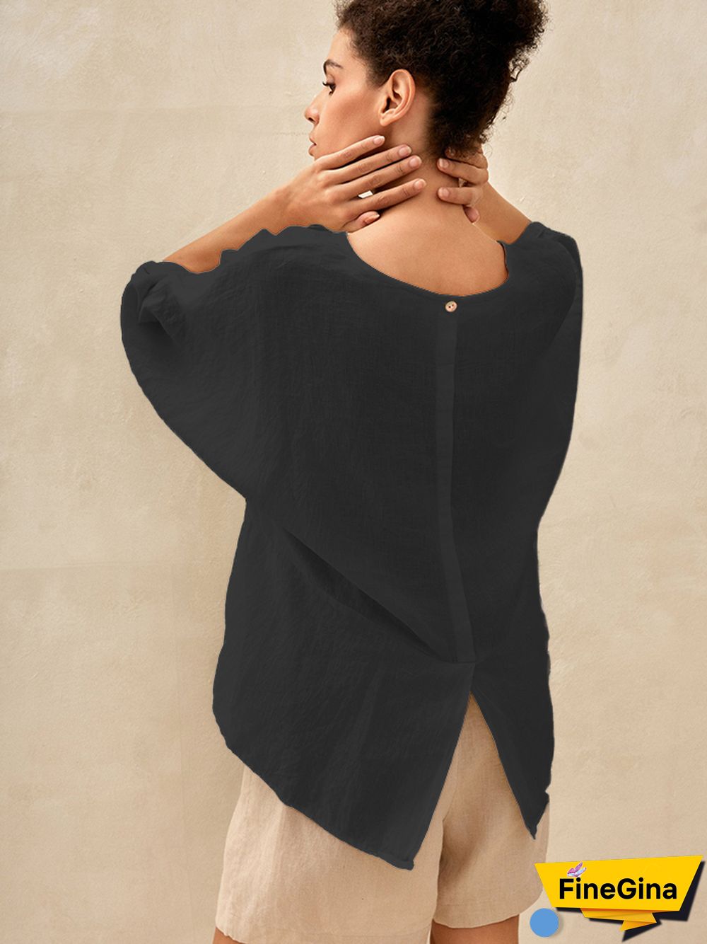 Robyn Linen Round Neck Mid-Sleeve Top
